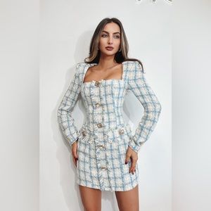 Elegant Blue and White Tweed Dress